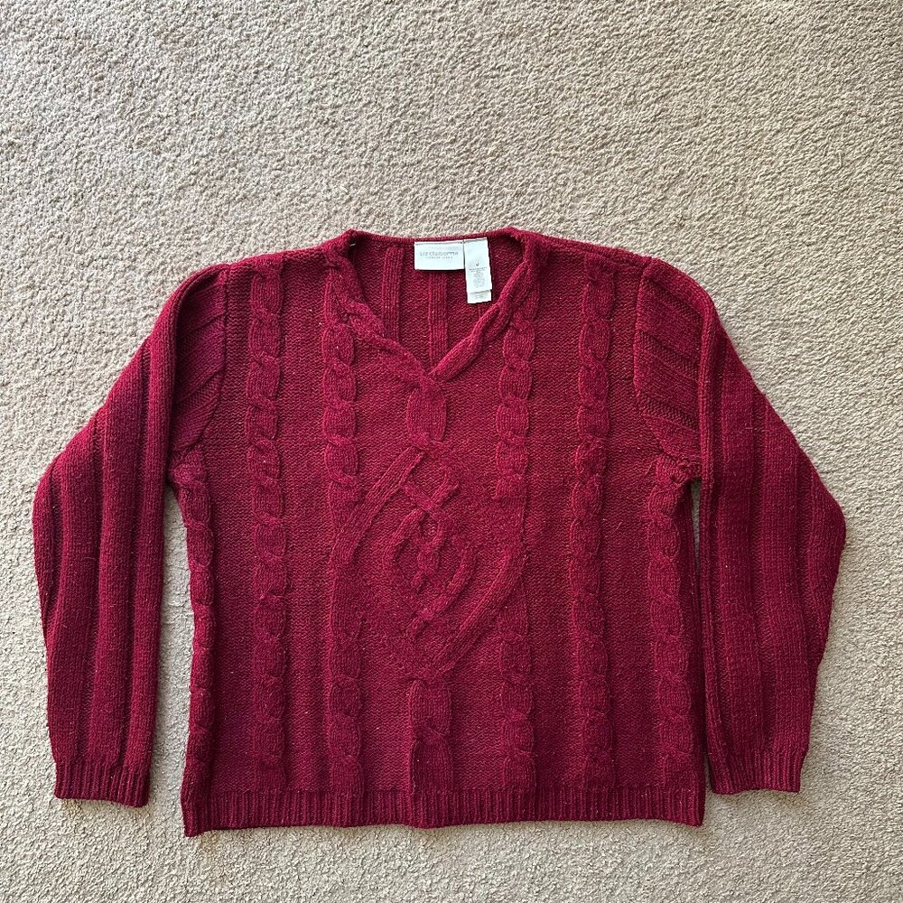 Liz Claiborne Sweater Womens Medium Pullover V Neck Cableknit Red Long Sleeve